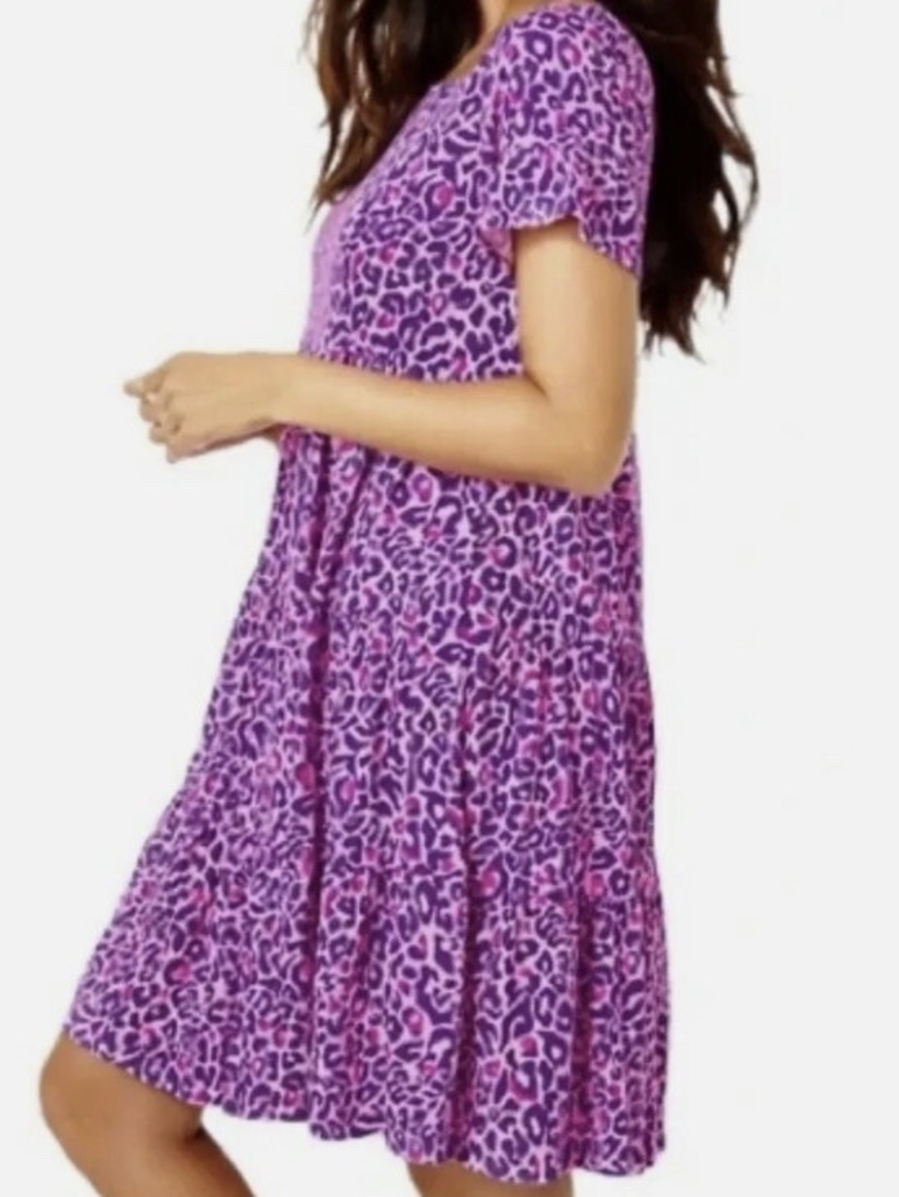 Lilly Pulitzer Jodee Swing Dress Pink & Purple Leopard Tiered Short-Sleeve Sz L